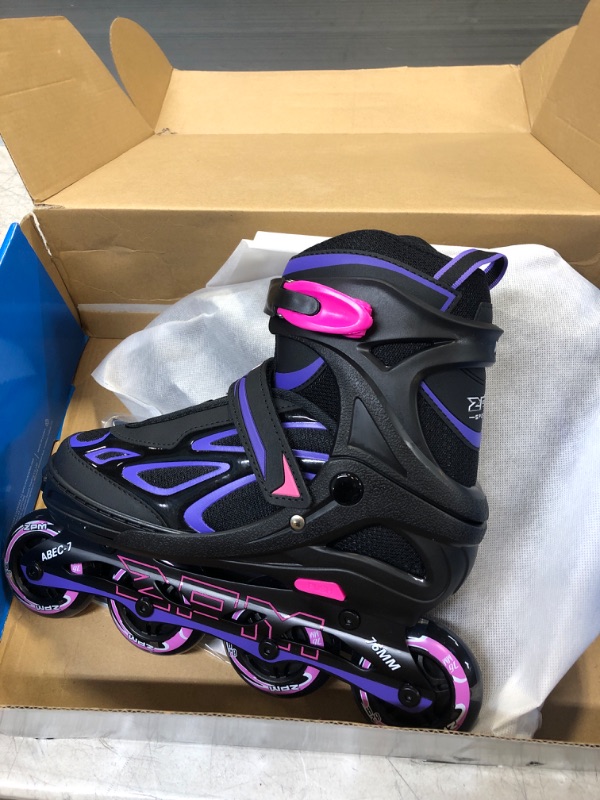 Photo 3 of 2PM SPORTS Vinal Girls Adjustable Flashing Inline Skates, All Wheels Light Up, Fun Illuminating Skates for Kids and Men- Azure Small (1Y-4Y US) Violet & Magenta Large - Youth (4-7 US)