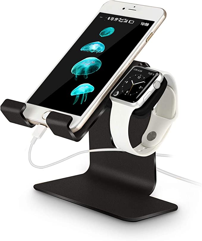 Photo 1 of Tranesca 2 in 1 Charging Stand Holder Dock Compatible with iwatch Series 8/7/6/5/4/3/2/1/SE (38mm/40mm/41mm/42mm/44mm/45mm) and Cell Phone/Tablet (Black-Must Have Watch Accessories)