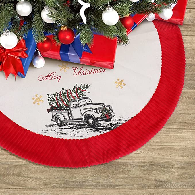 Photo 1 of 2 pieces ---QLEKEY Burlap Christmas Tree Skirt 32 Inch, Red Border Linen Tree Skirt, Rustic Small Xmas Tree Mat with Sketch Truck Merry Christmas Patterns, Holiday Decorations for Home Party Indoor