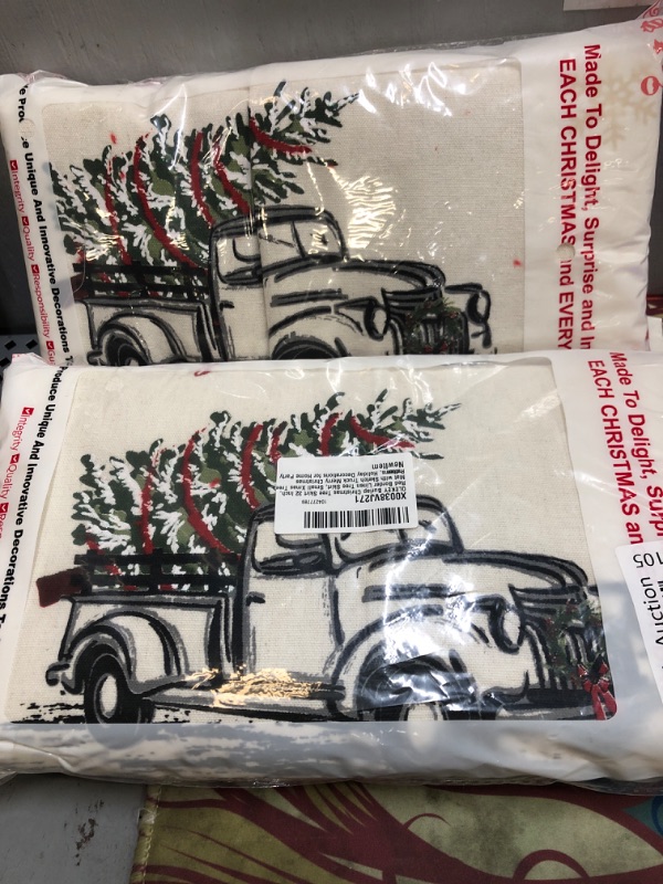 Photo 1 of 2 pieces ---QLEKEY Burlap Christmas Tree Skirt 32 Inch, Red Border Linen Tree Skirt, Rustic Small Xmas Tree Mat with Sketch Truck Merry Christmas Patterns, Holiday Decorations for Home Party Indoor