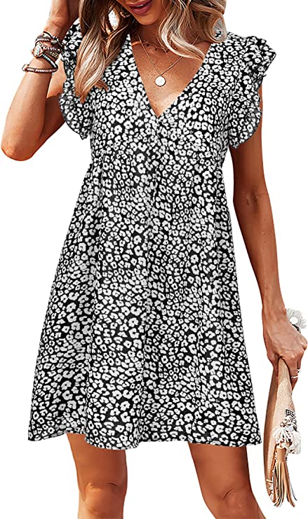 Photo 1 of KUIIHUAZ Women's Casual Tunic Dress V Neck Ruffle Sleeve Loose Flowy Swing Shift Mini Dress