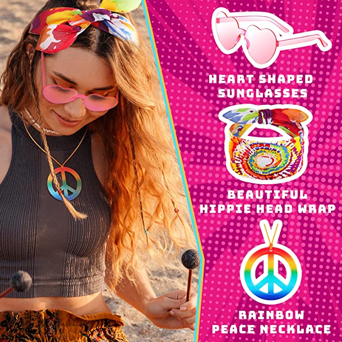 Photo 1 of 18 Pieces Hippie Costume Set Hippie Costume Accessories Peace Sign Necklaces Heart Shape Hippie Sunglasses Tie Dye Headband 60s 70s Rainbow Color Hippie Accessories for Women Men Party Accessories