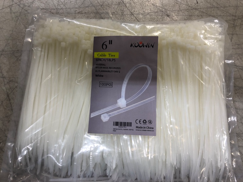 Photo 2 of 1000 Pack 6 Inch Bulk KOOWIN Nylon Plastic Cable Zip Ties Small Wire Wraps White 6 inch 18 lb (1000 pcs) White