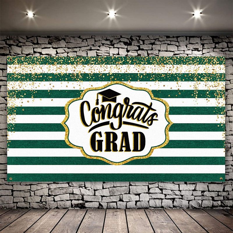 Photo 1 of 6.5 X 3.75 Ft. Congrats Grad Backdrop for Photography, Class of 2022 2023 Congrats Grad Decoration S Photo Booth Props, Green and White Stripes Graduation...
