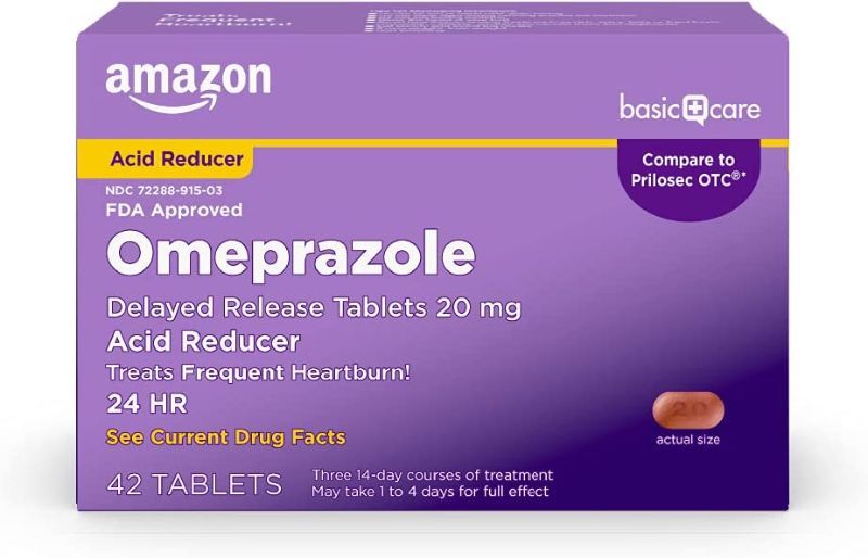Photo 1 of Amazon Basic Care Omeprazole Delayed Release Tablets 20 mg, Acid Reducer, Treats Frequent Heartburn, 42 Count
