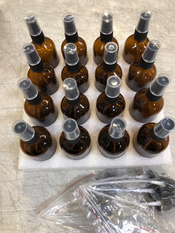 Photo 2 of 16 Pack 120 ml 4oz Amber Glass Spray Bottles with Fine Mist Sprayer & Dust Cap for Essential Oils, Perfumes,Cleaning Products.Included 1 Brush,2 Funnels,2 Droppers & 18 Labels.
