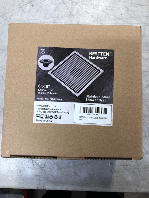 Photo 2 of BESTTEN 6 Inch Square Shower Floor Drain with Drain Base Flange, Tombino Style Designer Pattern, CUPC Certified, 304 Stainless Steel 1 6 inch