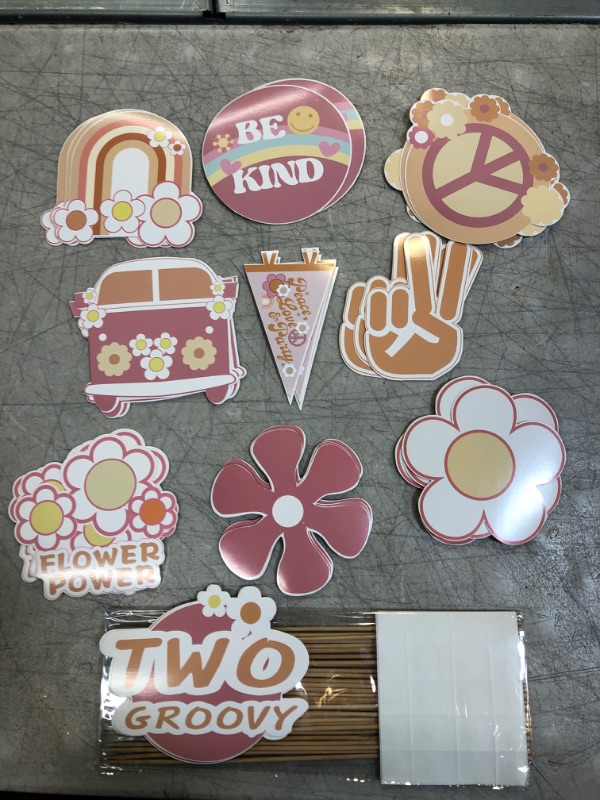 Photo 2 of 30 Pcs Two Groovy Party Table Toppers for Boho Birthday Party Decorations Hippie Party Centerpieces Sticks with Daisy Groovy Sign 60s Hippie Theme 2nd Birthday Supplies