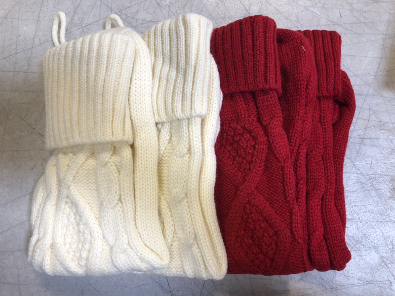 Photo 2 of 4 Pack Christmas Stockings, 18 inches Large Size Cable Knit Knitted Xmas Stockings Decorations for Family Holiday Xmas Party Decor, Ivory White and Burgundy