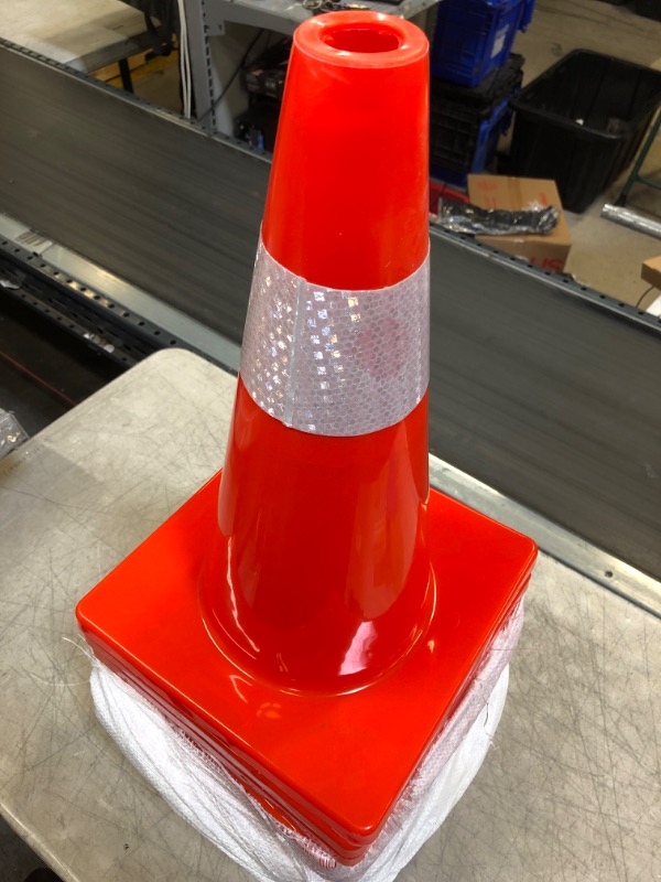 Photo 1 of [ 12 Pack ] 18" Traffic Cones PVC Safety Road Parking Cones Weighted Hazard Cones Construction Cones for Traffic Fluorescent Orange w/4" Reflective Strips Collar
