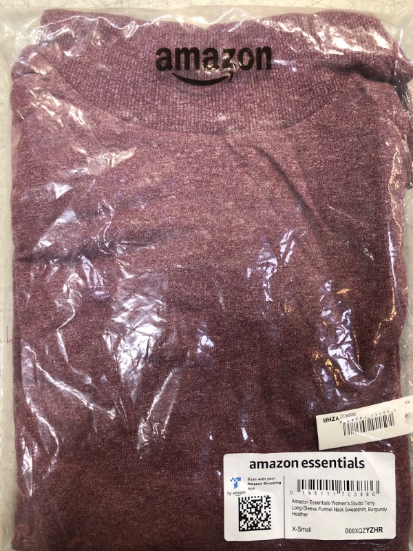 Photo 2 of Amazon Essentials Women's Studio Terry Long-Sleeve Funnel Neck Sweatshirt X-Small Burgundy Heather