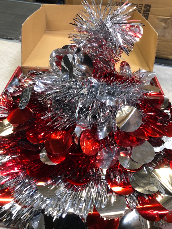 Photo 3 of [ Timer ] 6 Feet 80LED Pencil Valentines Tree Decorations Color Lights Large 3D Star 15 Balls Sequins Pop Up Valentine Tinsel Tree Battery Operated Valentines Day Decor Home Party Indoor (Silver Red) Sliver & Red