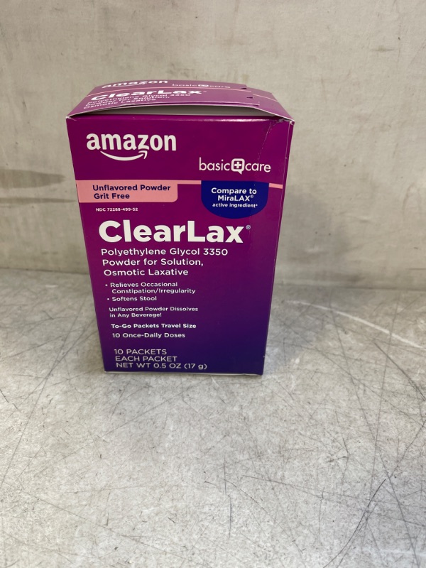 Photo 3 of Amazon Basic Care ClearLax, Polyethylene Glycol 3350 Powder for Solution, Osmotic Laxative, 0.5 Ounce each, 10 Count (Pack of 1)