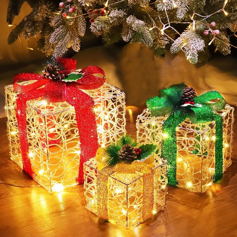 Photo 1 of [ Super Large 12"-10"-8" ] 3 Pack Christmas 60 LED Lighted Gift Boxes Decorations Clear Acrylic Adapter Powered Light up Present Box Pine Needles Christmas Decorations Tree Indoor Outdoor Home Yard
