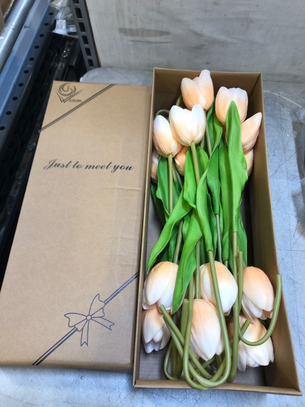 Photo 2 of ZSHCONG 24pcs Tulips Artificial Flowers 17.5”Length Half Open Real Touch Pu Fake Flowers Odorless Gift Box Package for Home Decorations Centerpieces Arrangement Wedding Bouquet (Champagne)