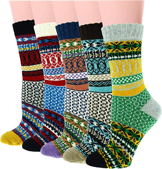 Photo 1 of YZKKE 5Pack Womens Vintage Winter Soft Warm Thick Cold Knit Wool Crew Socks, Multicolor, free size

