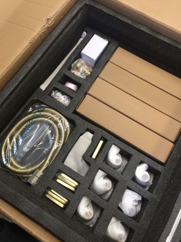 Photo 1 of AYIVG Brushed Gold Thermostatic Shower System LED 16 inch Rainfall Massage with 6PCS Body Spray Brass Shower Faucet Set Ceiling Mounted Full Body Shower System Can Used All Functions At the Same Time