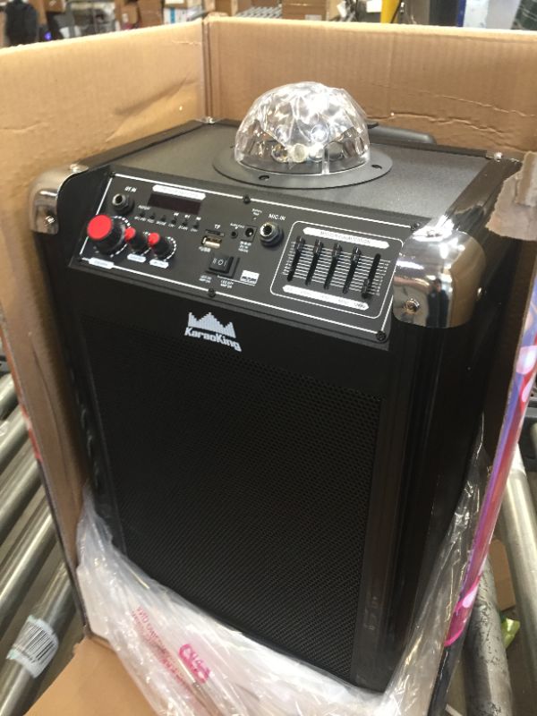 Photo 4 of KaraoKing Wireless Karaoke Machine for Adults & Kids 4 in 1: Karaoke, Disco Ball, Bluetooth Party Speaker with Subwoofer, Guitar Amplifier, 2 Wireless Microphones, Phone/Tablet Holder & Remote (G100)