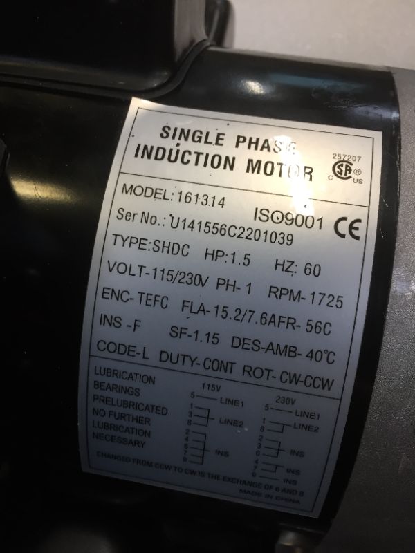 Photo 5 of 1.5HP Electric Motor General Purpose Single Phase Motor 1750RPM 56C 115/230V 5/8"Shaft diameter CW/CCW TEFC IP55 60HZ