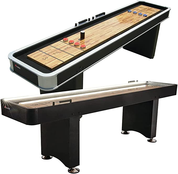 Photo 1 of Atomic 9’ LED Shuffleboard Tables with Poly-Coated Playing Surface for Smooth, Fast Puck Action and Pedestal Legs with Levelers for Optimum Stability and Level Play  *** BOX DAMAGE ***