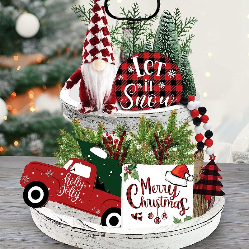 Photo 1 of 3 count Aihonmin Christmas Decorations Indoor Wooden Tiered Tray Decor 3pcs Signs & Cute Plaid Gnomes Plush Wood Bead Garland with Tree Sign Farmhouse Plaque Rustic Decor, Red and White
