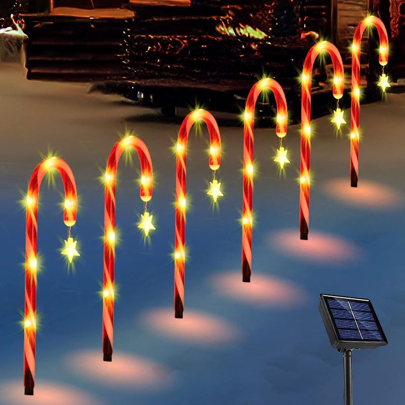 Photo 1 of 2 count ALIGHTER 6 Pack Christmas Decorations Outdoor Solar Candy Cane Lights Pathway Markers Lights with Star for Walkway Driveway Lawn Yard Garden Home Indoor Decor, 2-in-1 Rechargeable Solar Power
