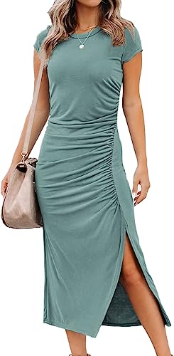 Photo 1 of DEEP SELF Women's Short Sleeve Ruched Casual Summer Dress Bodycon Midi Dress Side Slit Dress Crew Neck Maxi Dresses
