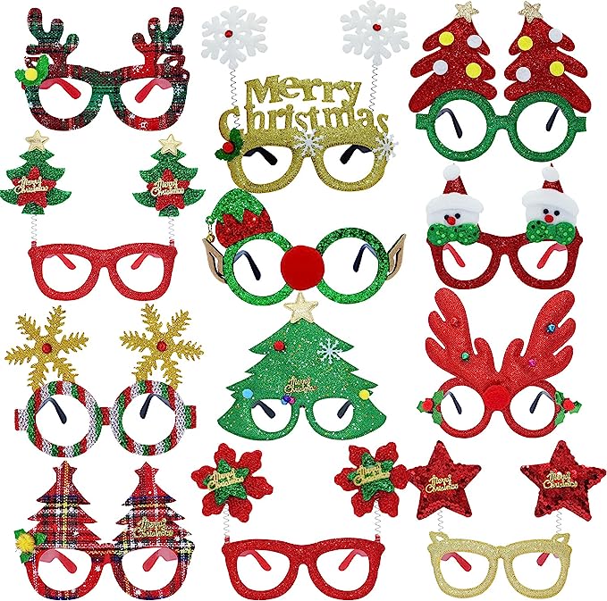 Photo 1 of 2CT - VEYLIN 12Pcs Christmas Party Glasses, Xmas Glitter Glasses Frames Photo Props for Kids Adults
