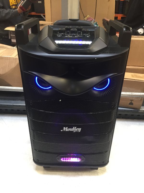 Photo 2 of Moukey Karaoke Machine, PA System Subwoofer, Portable Bluetooth Speaker w/ 2 Wireless Microphones, Lyrics Display Holder, Party Lights & Echo/Treble/Bass Adjustment, Support TWS/REC/AUX/MP3/USB/TF/FM