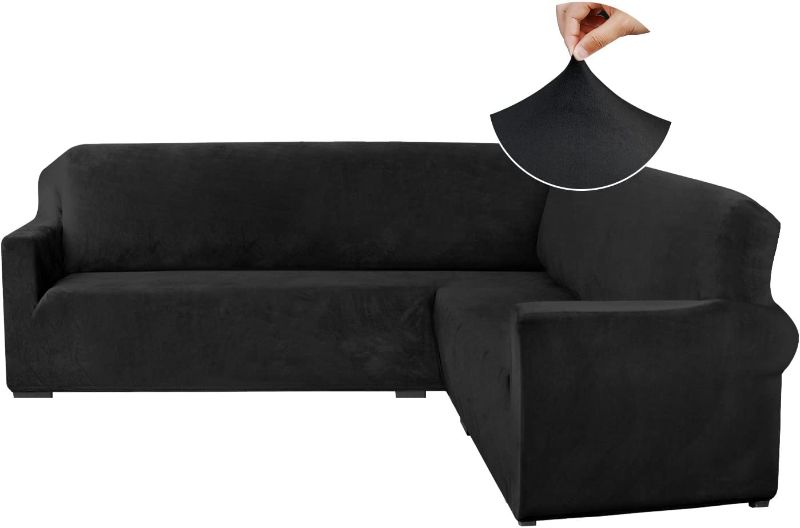 Photo 1 of ALIECOM Velvet Corner Sectional Couch Covers L Shaped Sofa Cover for Dogs Stretchable Elastic U Shape Couch Slipcover for Living Room Anti Slip Pet Friendly Furniture Protector (Black, Large)