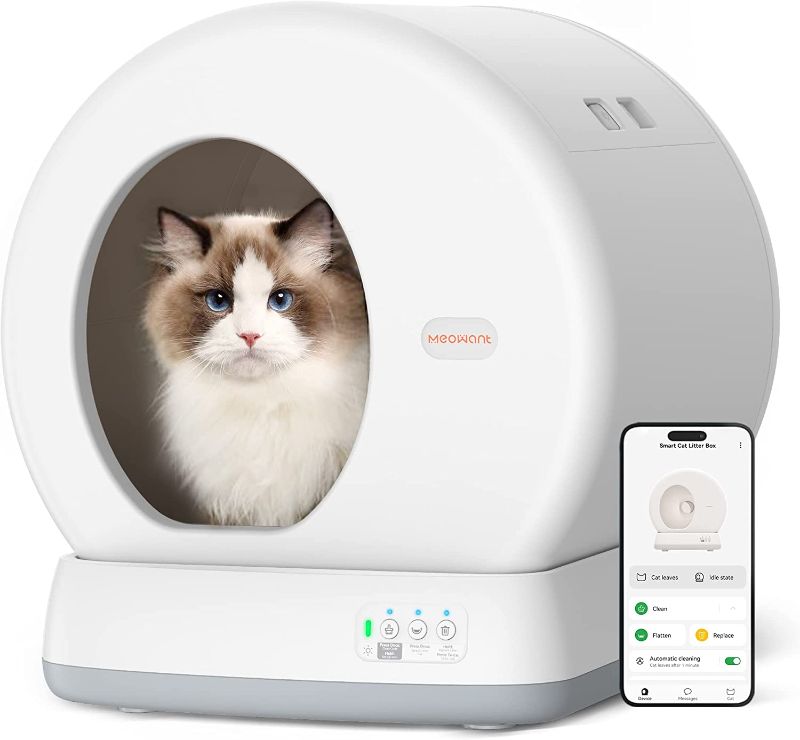 Photo 1 of MeoWant Self-Cleaning Cat Litter Box, Integrated Safety Protection Automatic Cat Littler Box for Multi Cats, Extra Large/Odor Isolation /APP Control Smart Cat Litter Box with Mat & Liner - CANT SEEM TO FIND POWER CORD - OPEN BOX -