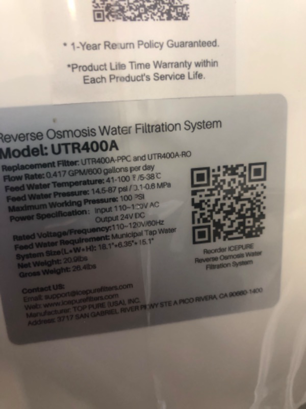 Photo 1 of ICEPURE Tankless Reverse Osmosis System, 600 GPD Fast Flow, 1.5:1 Pure to Drain, Smart Faucet, TDS Reduction, UL Listed Power, USA Tech, UTR400A RO Water Filtration System Under Sink, White UTR400A-System