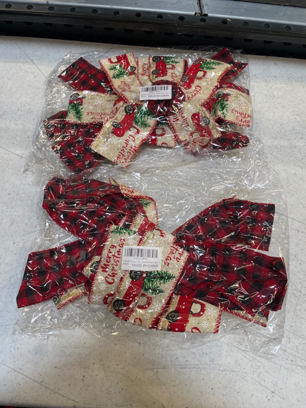 Photo 2 of 2CT - POPKER Christmas Tree Topper Handmade Buffalo Plaid Bowknot Ribbon Large Size Decorations , Rustic Farmhouse Xmas Home Decor, Red + White Large Red+white