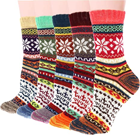 Photo 1 of 5Pack Womens Vintage Winter Soft Warm Thick Cold Knit Wool Crew Socks, Multicolor