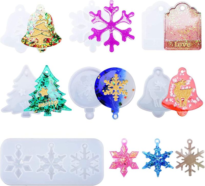 Photo 1 of 7Pcs Resin Molds,Christmas Silicone Molds for Epoxy Resin, Resin Ornament Molds for Xmas, Keychain Snowflake Ornament Resin Mold DIY Bag Tag
