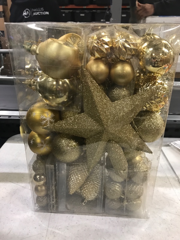 Photo 2 of 100PCS Christmas Tree Balls Ornaments Set with Christmas Tree Topper, Gold Christmas Ornaments Sets for Christmas Tree, Shatterproof Hanging Christmas Tree Decorations 100pcs-gold