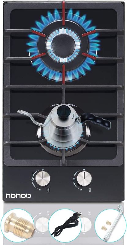 Photo 1 of 12 Inches Gas Stove High Gas Cooktop Gas Hob Stove Top 2 Burners Gas Range Double Burner Gas Stoves Kitchen Slope Edge Tempered Glass LPG/NG Dual Fuel Electric Stove Top Thermocouple Protection  -- FACTORY SEALED --
