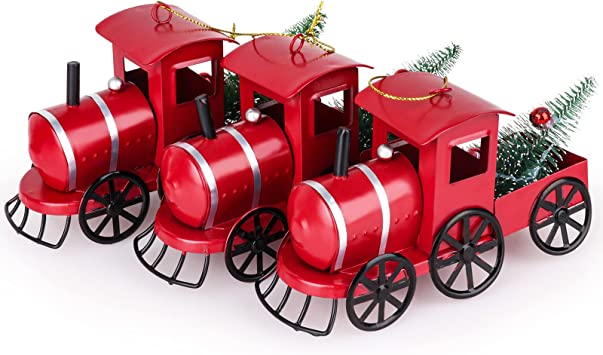 Photo 1 of 3 Pack Vintage Red Train Christmas Tree Ornaments Handcrafted Red Metal Train Model with Mini Christmas Tree for Christmas Tree Decoration Holiday Party Craft Supplies
