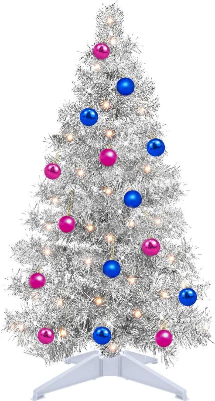 Photo 1 of 3 Feet Lighted Sparkling Christmas Tree with Timer Ball Ornaments 50 Warm Lights Battery Operated Bling Tinsel Full Xmas Tree Small Christmas Tree Decoration for Table Home Indoor Bedroom PINk