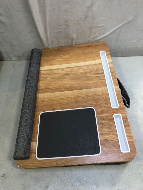 Photo 3 of Lap Laptop Desk, Height Adjustable Lap Desk with Cushion, Fits up to 17 inch Laptop Lap Pad, Storage Function, Wrist Rest, Tablet Slot, Portable Handle, Book Lap Stand for Adult Teen Student Wood Grain 21.6 x 14.4 inches