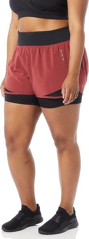 Photo 1 of Core 10 Women's Standard-Fit Knit Waistband 2-in-1 Woven Running Short, Ruby Red/Black, Medium