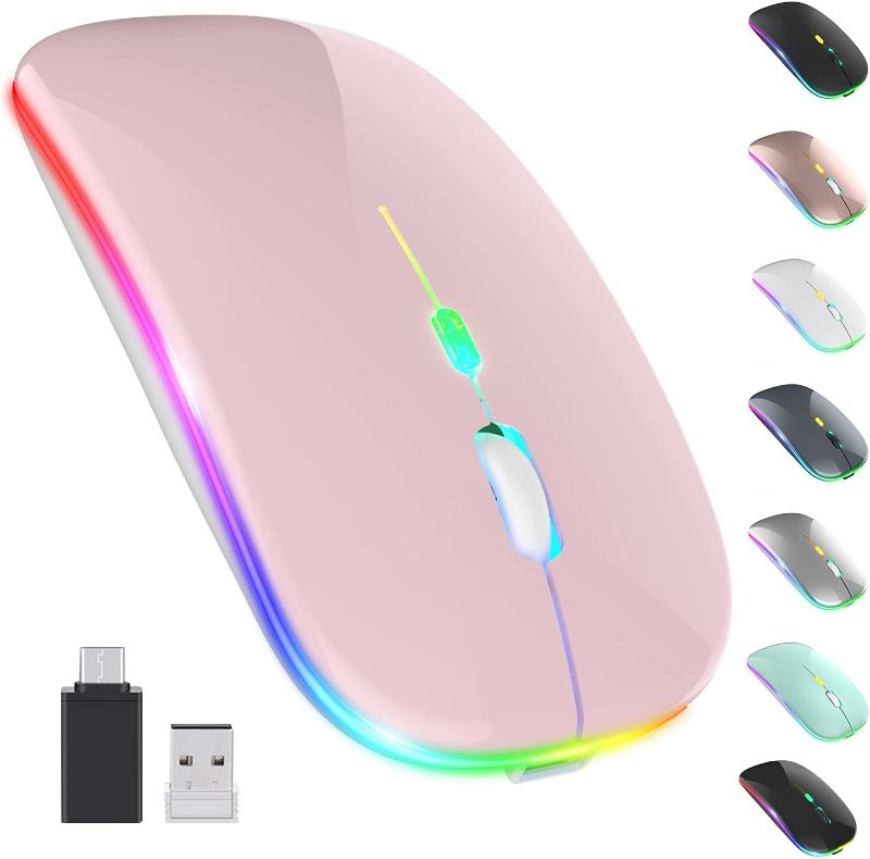 Photo 1 of RGB Wireless Mouse, Slim Rechargeable Wireless Mouse for Laptop, 2.4G Portable USB Cordless Computer Mouse with Simplified 3 Buttons, Adjustable DPI for Notebook, Mac, PC, Laptop, Chromebook pink