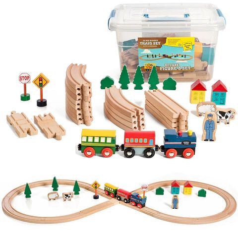 Photo 1 of 35 Piece Deluxe Figure 8 Wooden Train Set, Comes In A Clear Container, Compatible With All Major Brands ------ OUT OF THE BOX NEW
