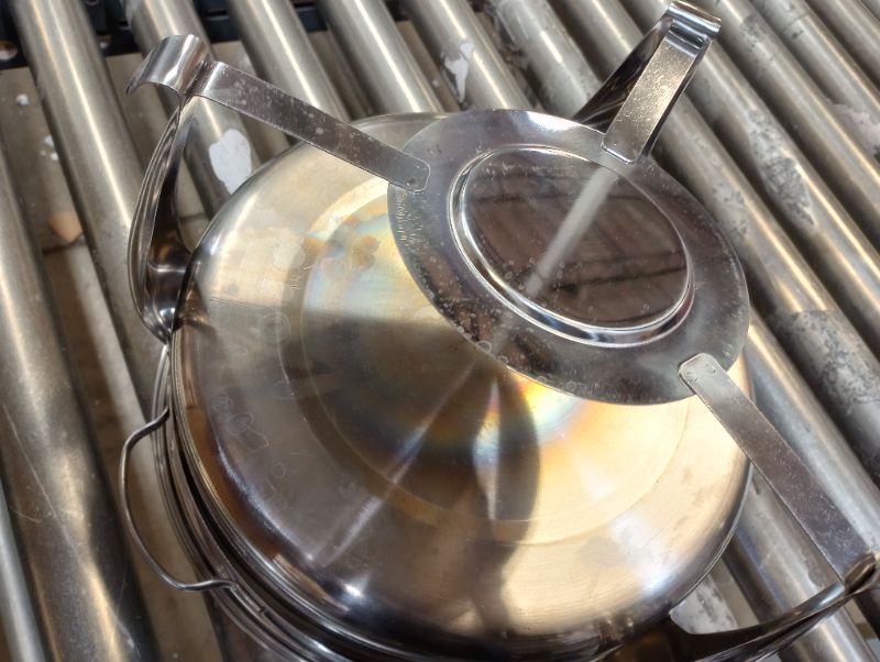 Photo 4 of 6 Quart Round Stainless Steel Chafing Dish with Bonus Slotted Spoon and Drip Tray for Lid | Keeps linens dry | For wedding, graduation, events, parties | Sterno holder ------- MODERATE USED, DIRTY FROM PREVIOUS USED, SCRATCHES AND STAINS ON ITEM AS SHOWN 