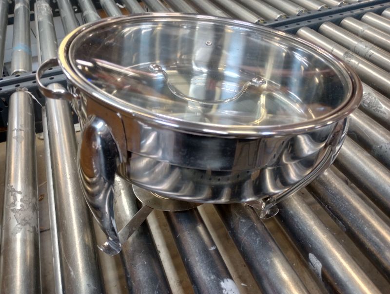 Photo 3 of 6 Quart Round Stainless Steel Chafing Dish with Bonus Slotted Spoon and Drip Tray for Lid | Keeps linens dry | For wedding, graduation, events, parties | Sterno holder ------- MODERATE USED, DIRTY FROM PREVIOUS USED, SCRATCHES AND STAINS ON ITEM AS SHOWN 