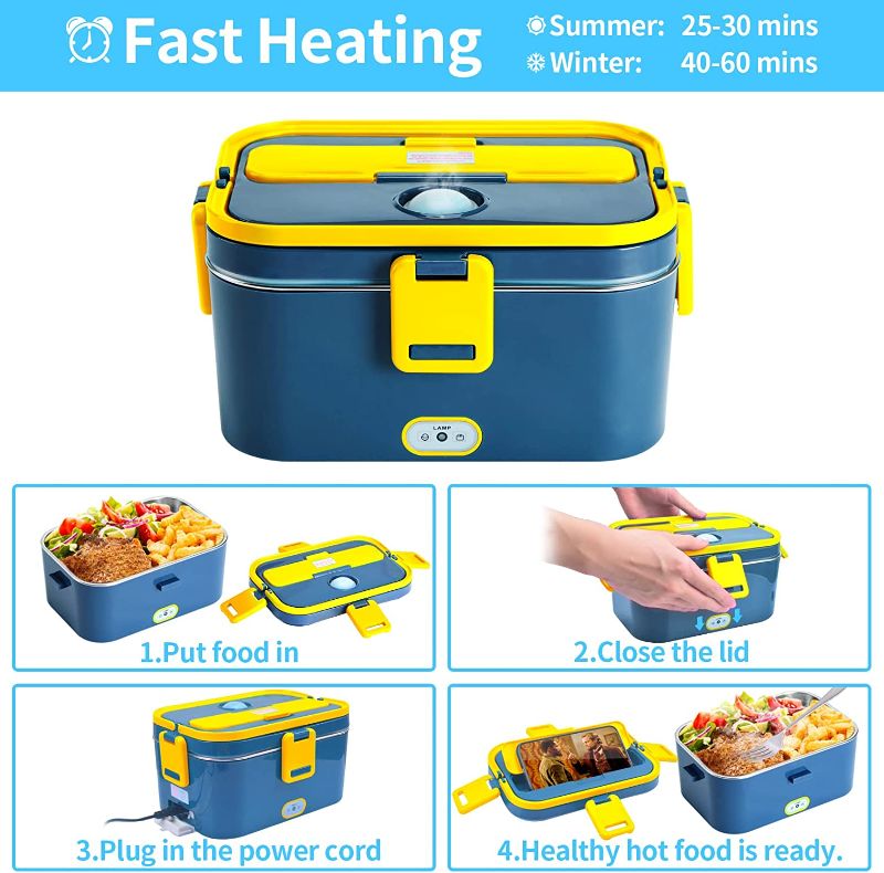 Photo 1 of Electric Lunch Box 60W Food Heated 12V 24V 110V Portable Food Warmer Heater for Car/Truck/Home Self Heating Box with 1.8L 304 Stainless Steel Container 0.45L Compartment (Blue+Yellow)