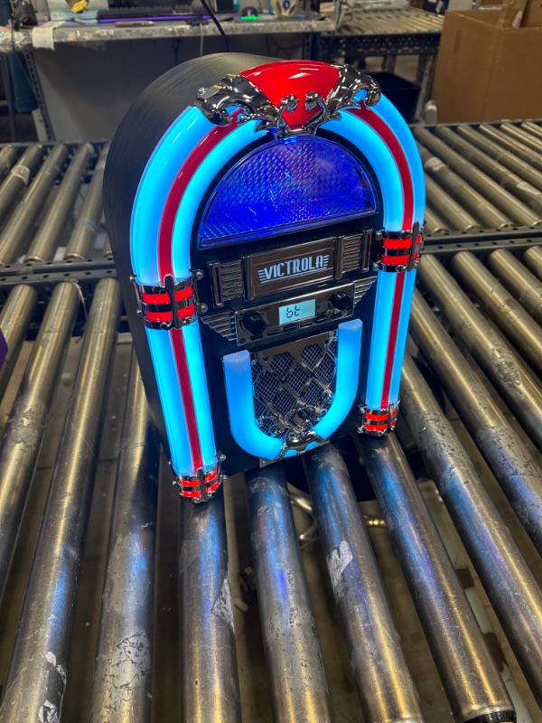 Photo 2 of Victrola Nostalgic Wood Countertop Jukebox with Built-in Bluetooth Speaker, 50's Retro Vibe, 5 Bright Color-Changing LED Tubes, FM Radio, Wireless Music Streaming, AM/FM Radio, Aux Input