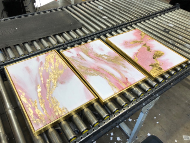 Photo 1 of 3 Piece Framed Canvas Wall Art Pink Gold Abstract Painting Water Flow Shape Modern Home Decor Ready to Hang 24x48 inches pink 24x48-inch --------- OUT OF THE BOX NEW