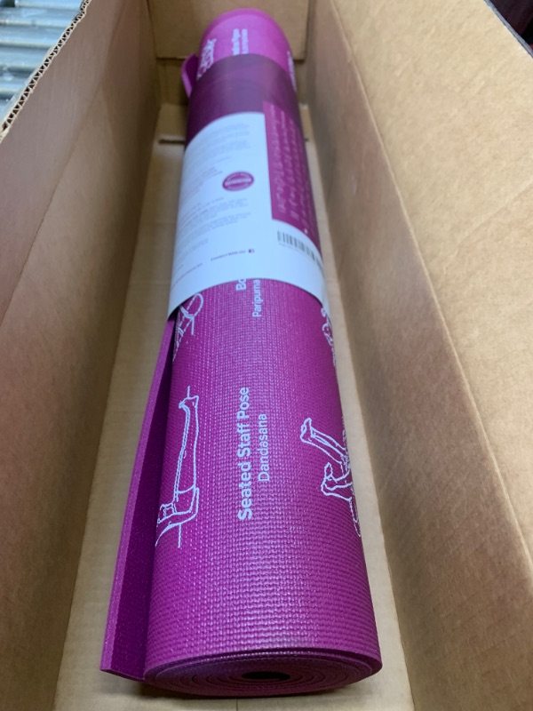 Photo 3 of NewMe Fitness Yoga Mat for Women and Men - Large, 5mm Thick, 68 Inch Long, Non Slip Exercise Mats w/ 70 Printed Yoga Poses for Pilates, Workout and Stretching - Home and Gym Essentials Purple --- Box Packaging Damaged, Item is New
