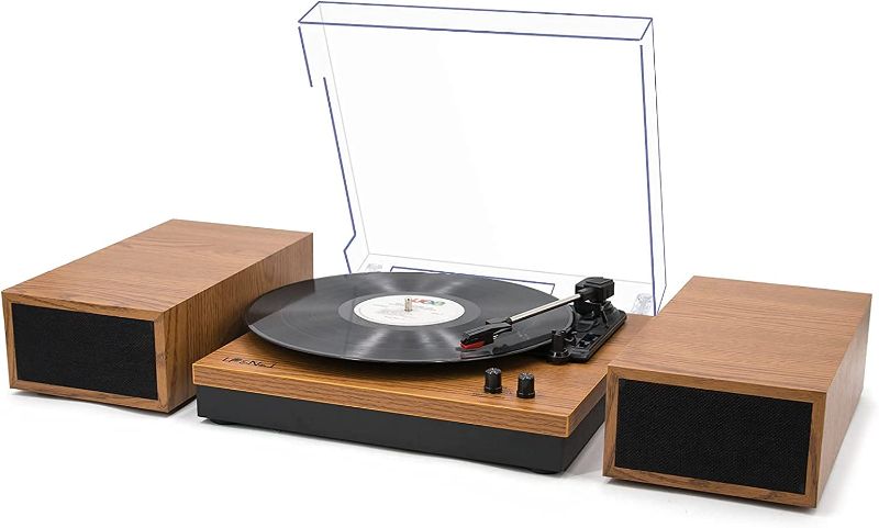 Photo 1 of LP&No.1 Bluetooth Vinyl Record Player with External Speakers, 3-Speed Belt-Drive Turntable for Vinyl Albums with Auto Off and Bluetooth Input, Yellow Wood --- Box Packaging Damaged, Item is New

